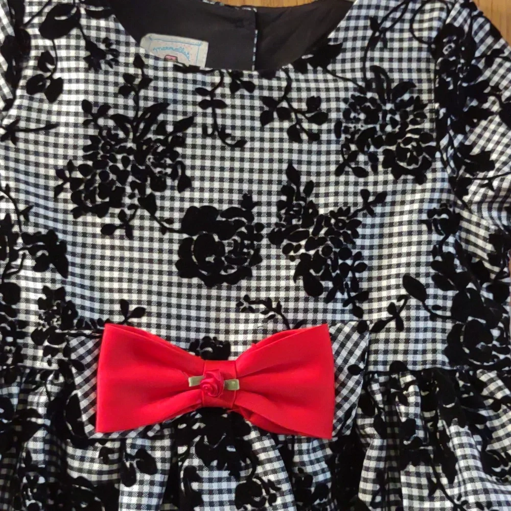 Marmellata Girls 4T fancy dress Gingham checked floral black red bow